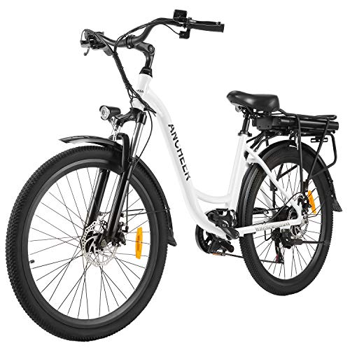 ANCHEER 26" Bici Elettrica, Ebike Città con Batteria Rimovibile 12,5 Ah Integrata nel Telaio Posteriore 35 Miglia Freni a Doppio Disco (ebike da Città - Bianco)