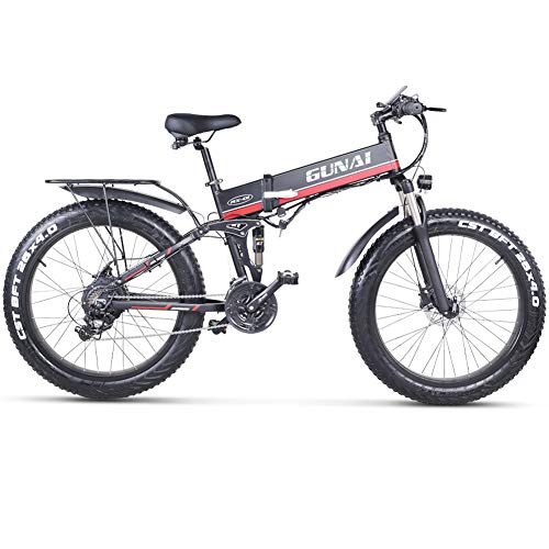 GUNAI Bicicletta Elettrica Pieghevole Bici da Montagna 48V 1000W Ebike con Batteria al Litio da 26Velocità Sospensione Completa Premium e Cambio con Sedile Posteriore