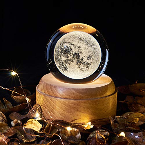 OurLeeme Carillon, sfera di cristallo con luce notturna Carillon con luce di proiezione a LED Base in legno per regalo di ringraziamento di compleanno di Natale (Luna)