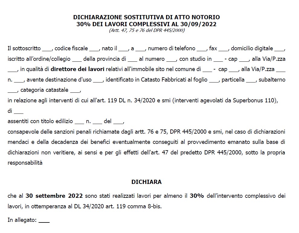 Dichiarazione sostitutiva di atto notorio 30 dei lavori complessivi al 30 settembre 2022